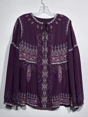 Johnny Was Biya Long Sleeve Embroidered  Silk Blouse Size M in Black Wine